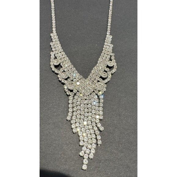 Crystal Fringe Necklace Rhinestone Waterfall Statement Choker Costume Jewelry - Picture 3 of 9
